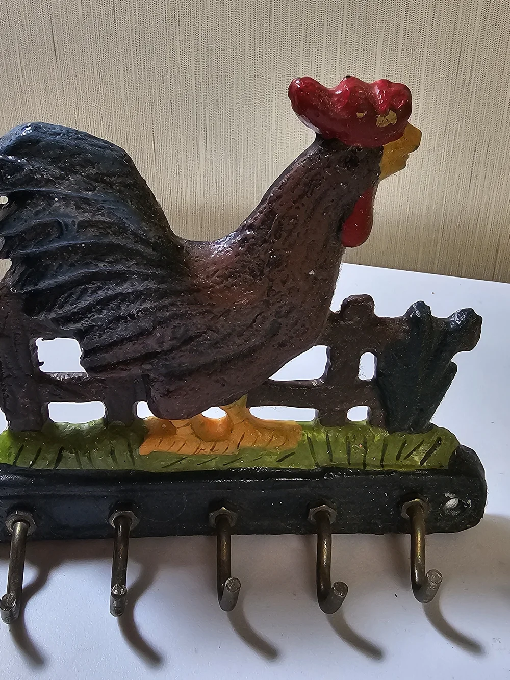 Vintage Cast Iron Rooster Key Holder Wall Hook Rack Set Lot of 2 Farmhouse